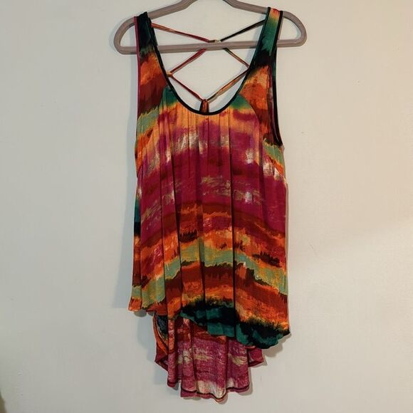 Cupio Vibrant Watercolor Open Tie Back Tank Top Tunic L - Picture 1 of 9